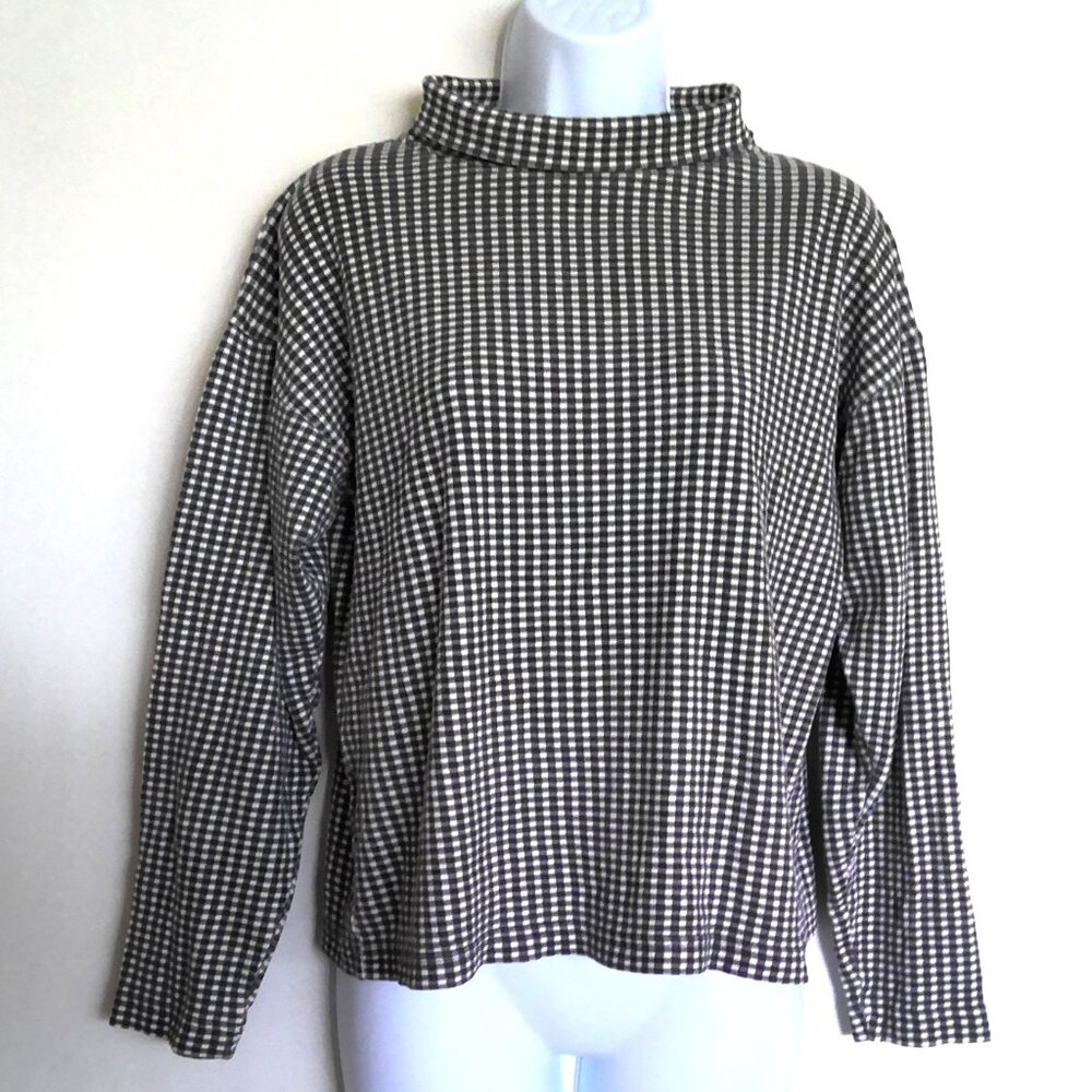 Susan Bristol Top Black & White Checker 3/4 Sleeve Stretch Cotton Knit EUC Sz S